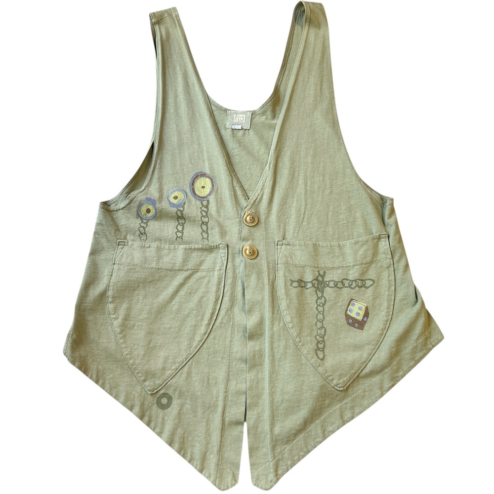 Blue Fish Art to Wear Vest Hand Painted Sage Green Cotton USA Boho Lagenlook‎ M